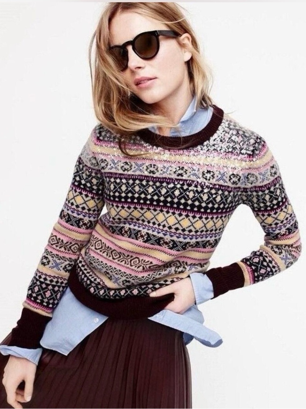J. Crew Sequin Multicolor Fair Isle Lambswool Crewneck Sweater